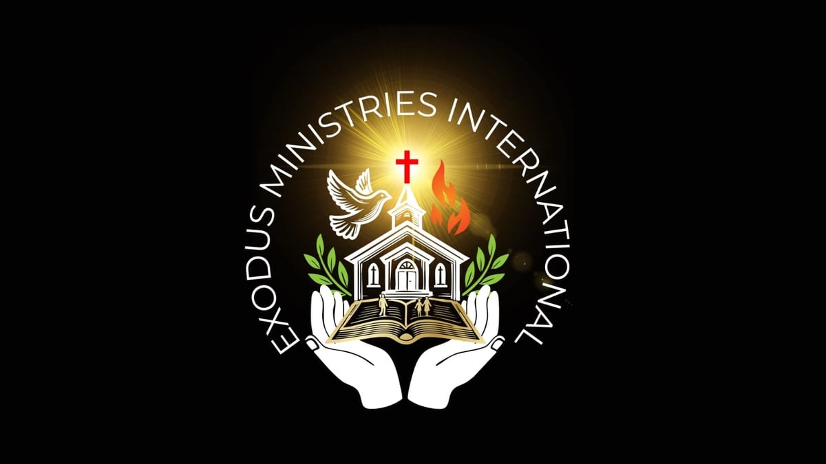 Exodus Ministries International logo featuring cupped hands holding an open book with a white church, red cross, golden flame, and green leaves on a black background