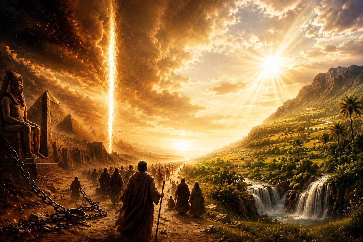 Fantasy scene with a glowing beam of light descending from dramatic golden sky over a valley with robed figures, ancient ruins, waterfalls, and lush green landscape